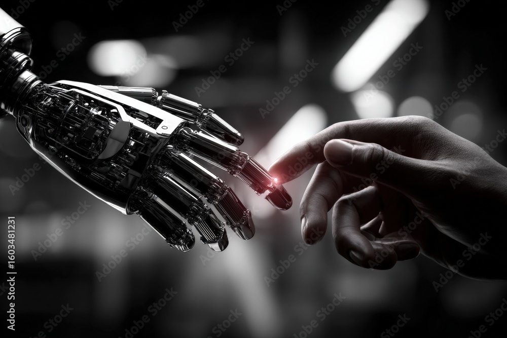 Poster highly detailed close-up of a human hand touching a robotic hand with glowing fingertip in a futuris