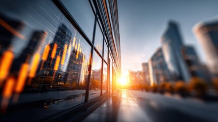 Modern urban cityscape with reflective glass buildings illuminated by sunset light and vibrant financial data overlays on