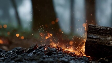 A captivating close-up of glowing sparks emerging from a wood fire in a tranquil forest setting, symbolizing warmth, connection, and the beauty of nature.