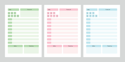 Daily planner in pastel colors, daily task tracker template with week days, to-do list and notes section, minimalist organizer, vector illustration