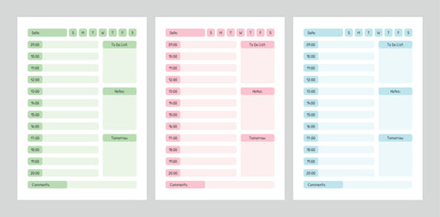 Hourly daily planner template with schedule, to-do list and notes in pastel colors, day organizer for time management, vector illustration