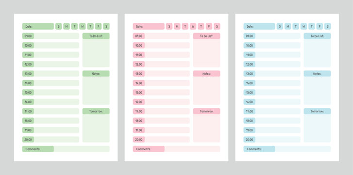 Hourly daily planner template with schedule, to-do list and notes in pastel colors, day organizer for time management, vector illustration