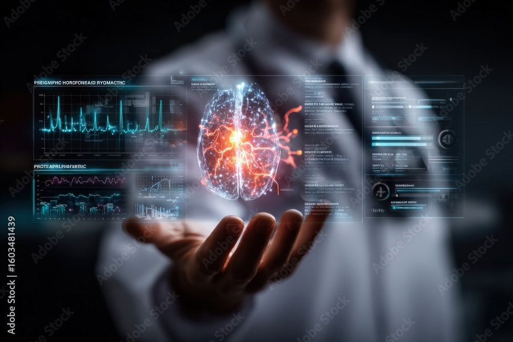 Poster futuristic medical technology visualizing a digital heart with holographic data display for healthca