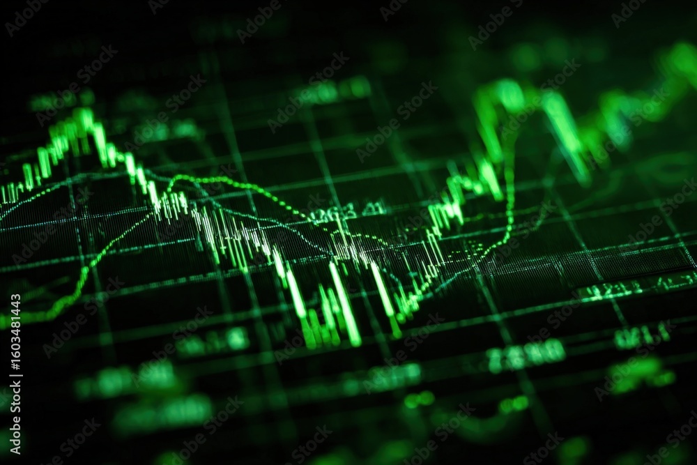 Poster abstract digital green financial stock market graph with fluctuating line chart and data points illu
