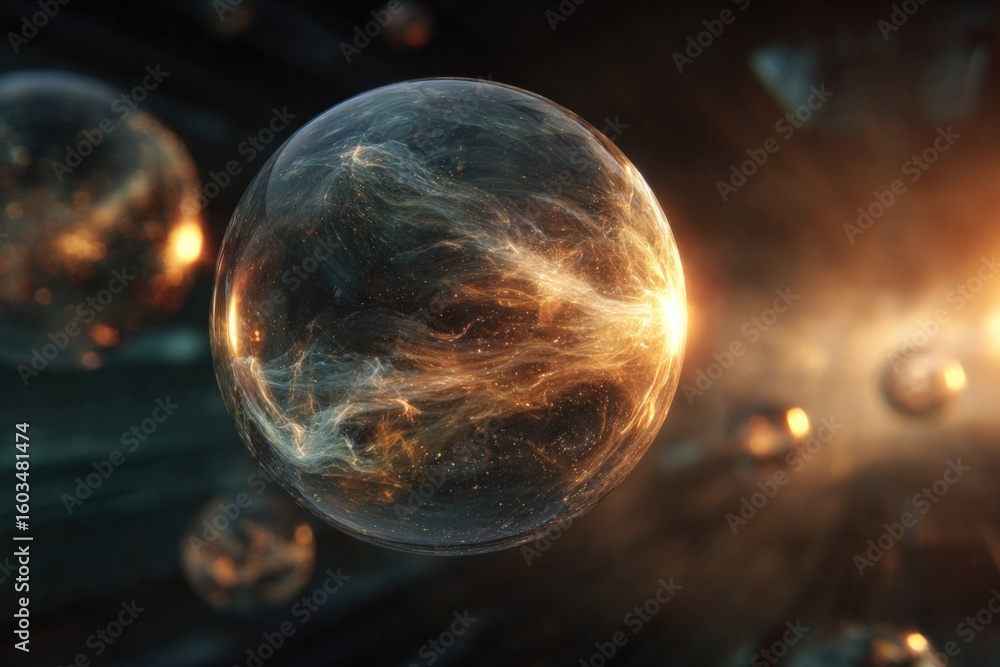Poster high-resolution digital illustration of multiple glowing planets in deep space with detailed texture