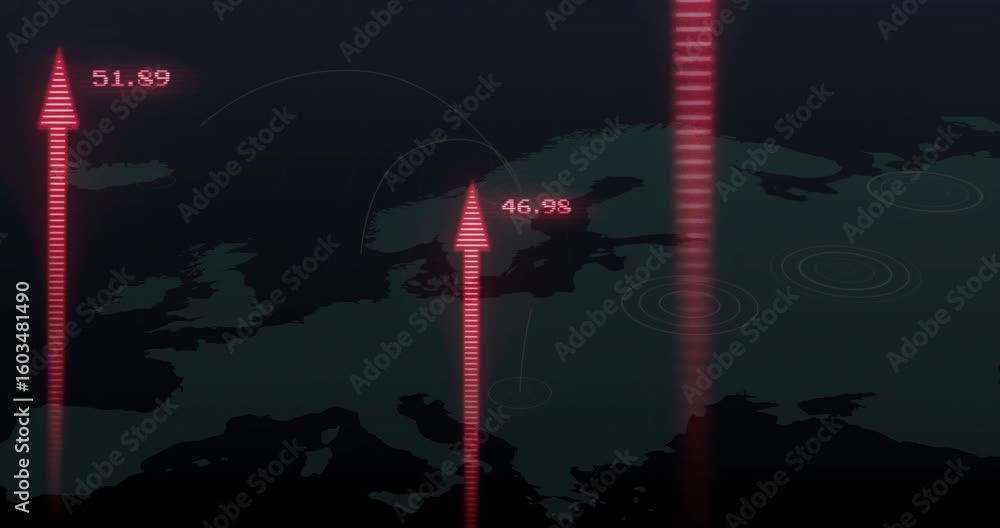 Poster emerging red striped arrow from west edge initiating rising arrows across europe showing data flow