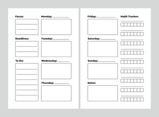 Two-page weekly planner with habit tracker, to-do lists and structured daily blocks