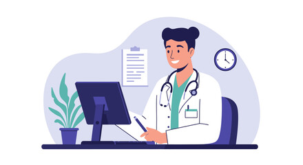 Smiling Doctor Working at Computer with Stethoscope.