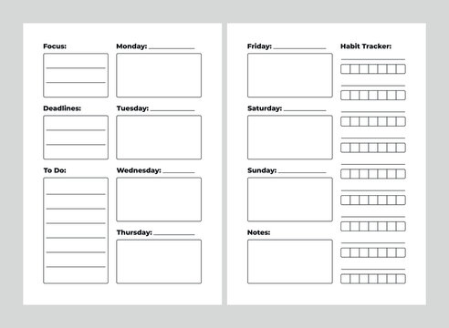 Two-page weekly planner with habit tracker, to-do lists and structured daily blocks