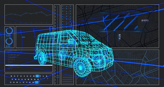 Glowing cyan wireframe van starting diagnostic scan with HUD panels updating values in grid tunnel