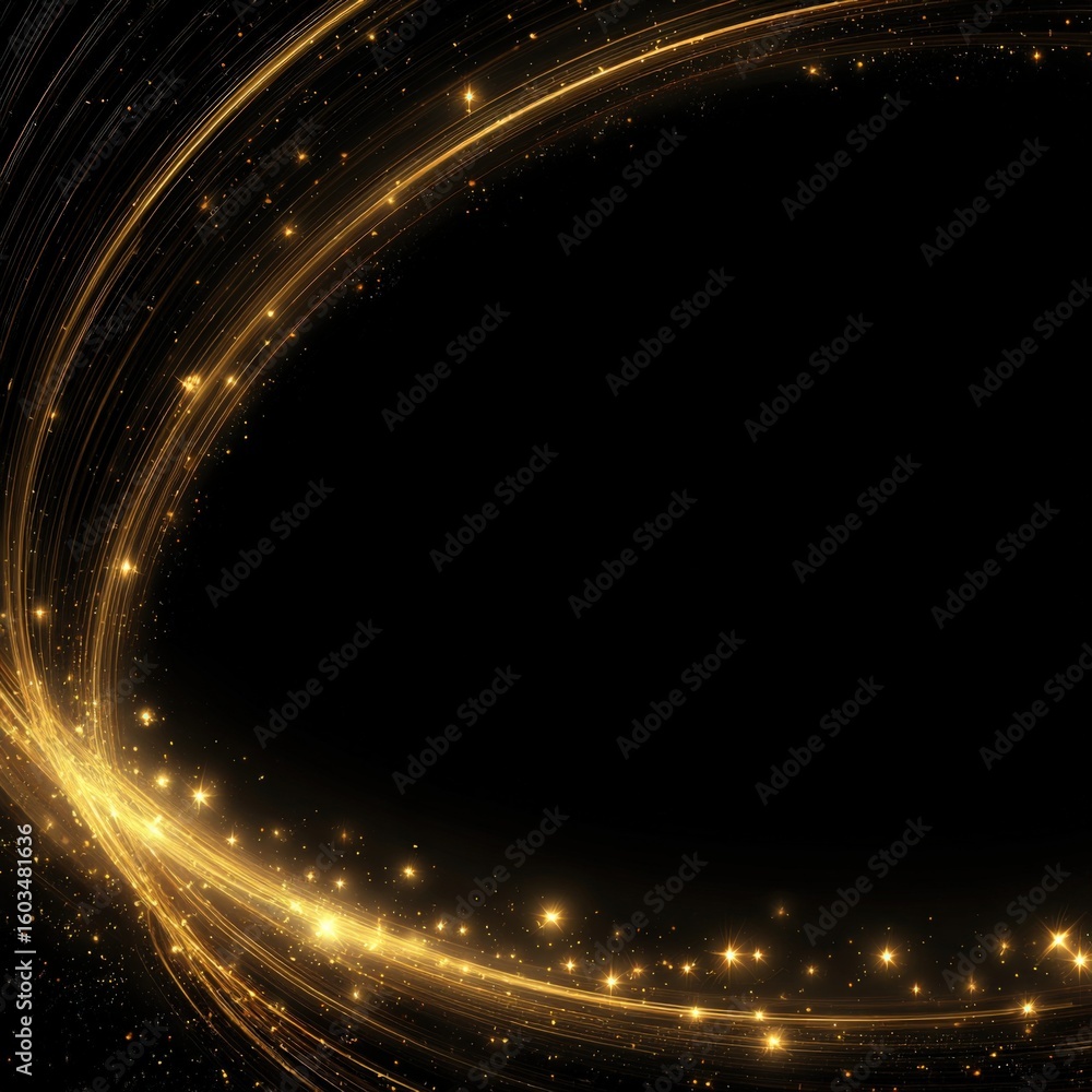Poster stunning golden curved light trail with sparkling stars and glowing particles creating a dynamic abs