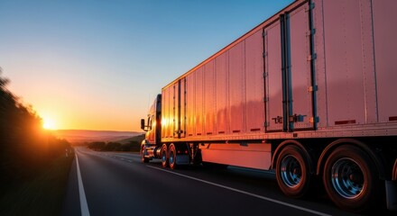 3d semi truck driving at sunset on a highway