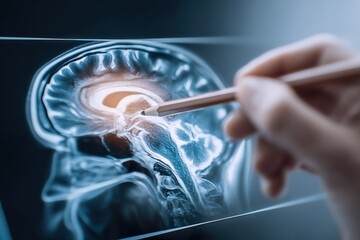 Advanced medical diagnostic image of a doctor using a stylus to analyze a detailed brain scan displayed on a high-tech transparent screen with neural pathways