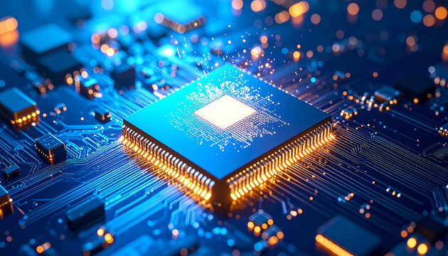 Digital Microchip: A close-up view of a sophisticated computer microchip glows with electric circuits, representing the complex technology of modern data processing and the digital world.