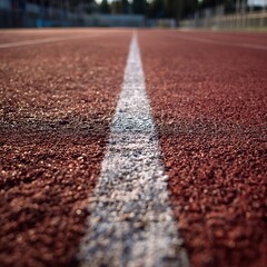 A close-up shot of a running track, showing the white line and the textured surface of the track