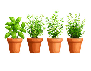 Fototapeta premium Flat Style Herb Pots Icon Set on Narrow Wooden Ledge with Dark Backdrop, Minimal Vector PNG