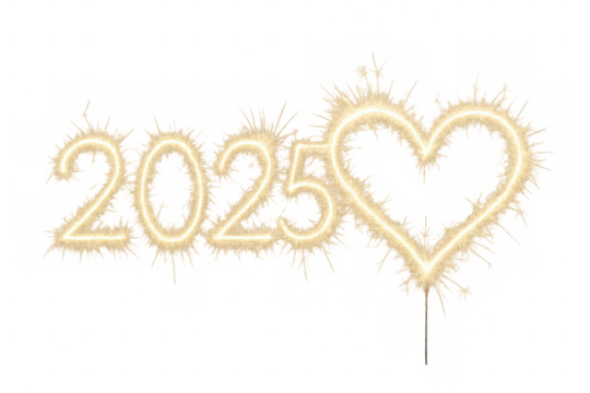 Bright 2025 numbers and heart-shaped sparklers celebrating new year's eve on transparent background