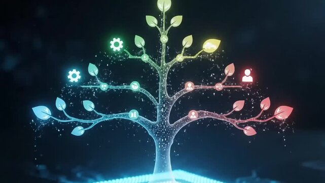 Futuristic digital tree illustrating business growth, technology, and organizational structure with glowing network icons