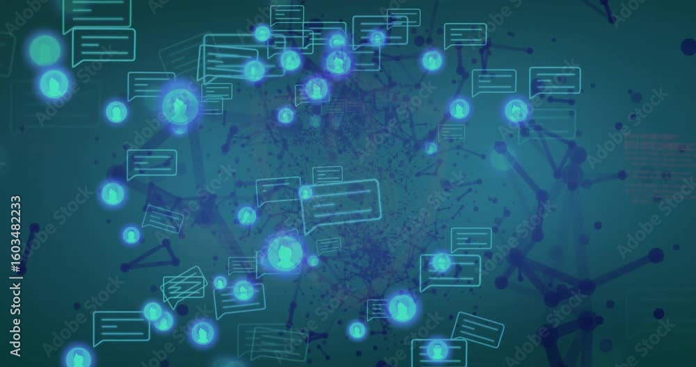 Poster opening with fingerprint-shield cyan nodes and chat bubbles orbiting visualizing digital security