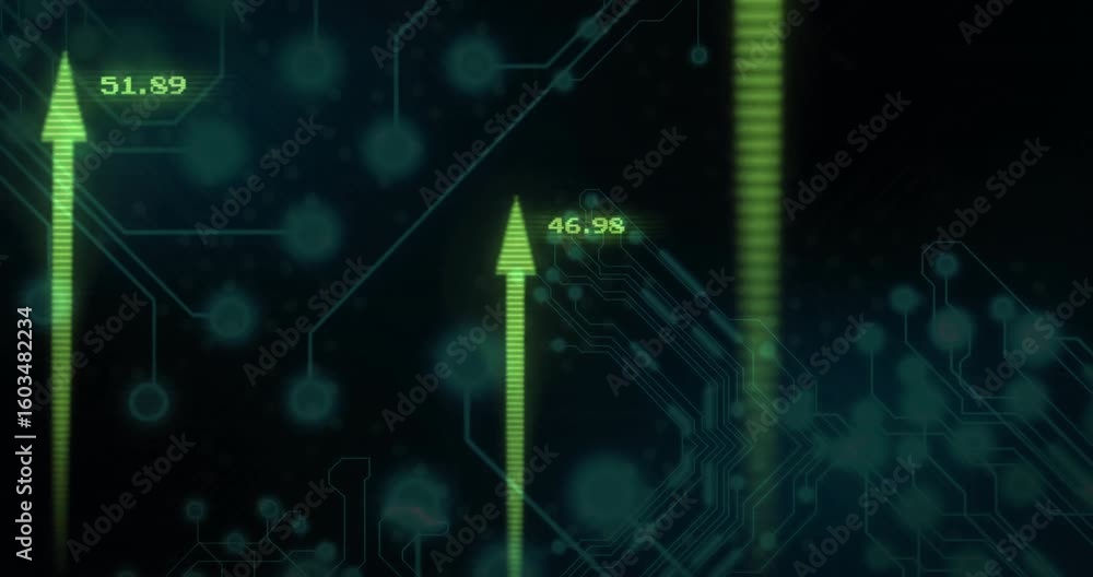 Poster bright green arrows emerging from circuit and rising with numeric labels, visualizing trends