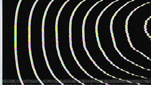 Glitchy VHS static curved white lines on black, evoking vintage TV interference and abstract waves