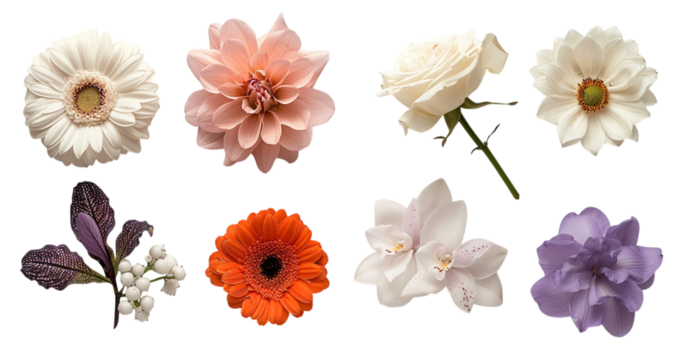 Eight flowers isolated on a transparent background. Use for graphic design, web design, backgrounds, and wedding invitations.
