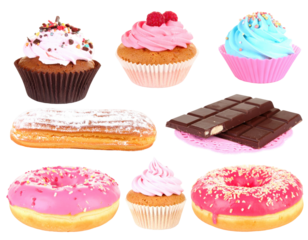 Assortment Of Colorful Cupcakes Donuts Eclairs And Chocolate Bars Isolated Against A Transparent Background Featuring Various Frosting Styles And Sprinkles
