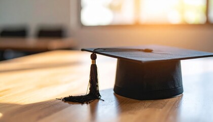 Obraz premium Graduation cap rests on wooden surface