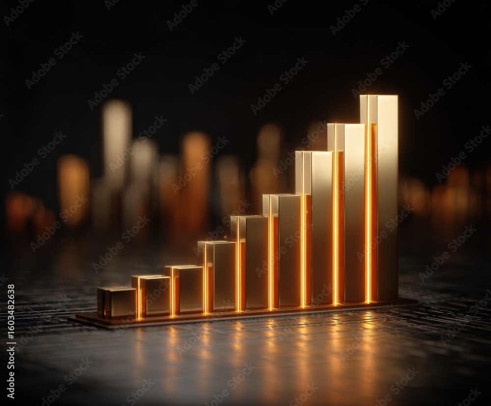Aufkleber bright graph chart with increasing bar graphs illustration showing growth progress and financial suc