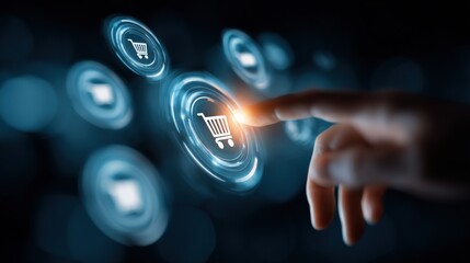 Modern hand interacting with digital shopping cart icon on futuristic online e commerce technology interface with holographic elements
