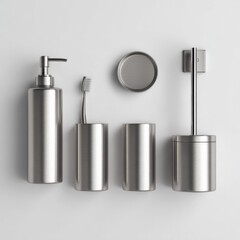 Modern minimalist stainless steel bathroom accessories set including soap dispenser toothbrush holder soap dish and toilet brush holder on a light background