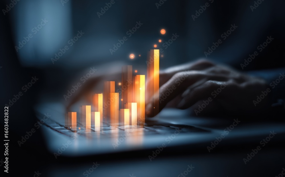 Poster advanced digital analysis of data trend growth with glowing orange bar graph and holographic financi