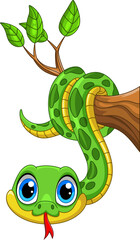Illustration of Cute green snake cartoon on a tree branch with white background