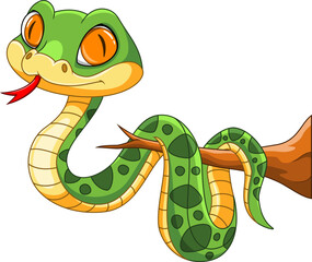 Illustration of Cute green snake cartoon on a tree branch with white background
