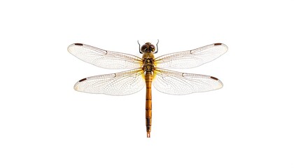 A dragonfly, top-down view, against a white background