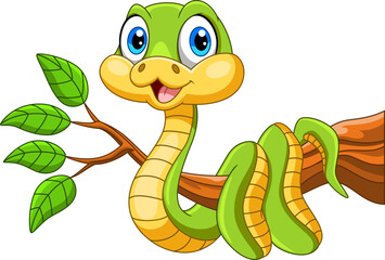 Illustration of Cute green snake cartoon on a tree branch with white background
