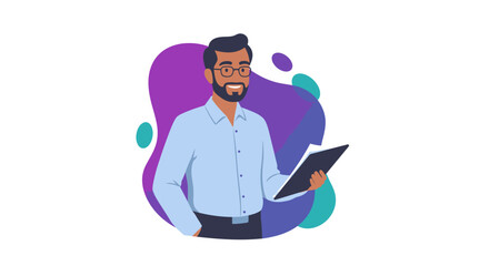 Smiling Businessman Holding Tablet Wearing Glasses Vector Illustration.