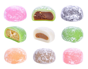 Colorful Assortment of Daifuku Mochi on a Transparent Backdrop Showcasing Various Flavors and Textures