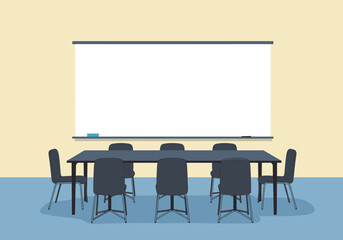 A room with a whiteboard table and chairs