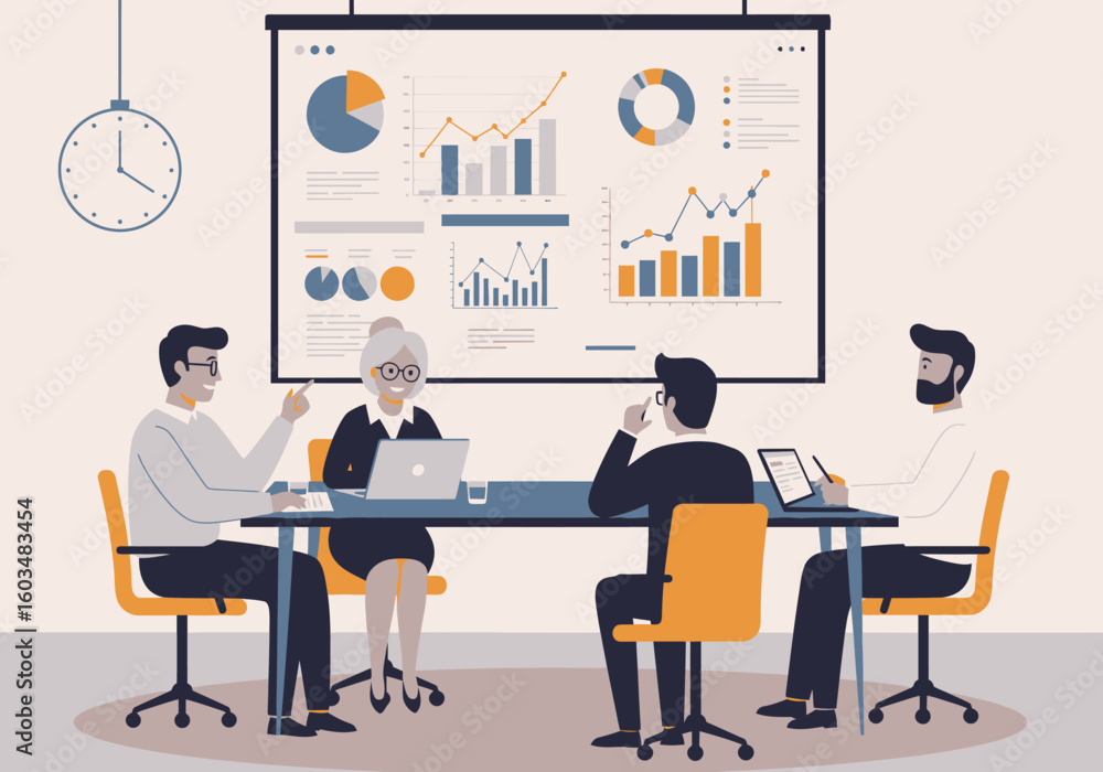 Aufkleber four people are at a table in front of a screen with graphics