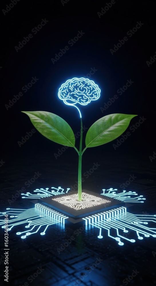 Aufkleber neon brain sprout grows from computer chip with glowing circuit board technology innovation