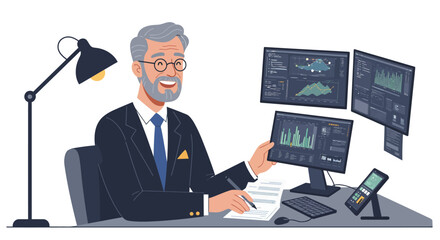 Smiling Businessman Analyzing Financial Data on Computer Screens.
