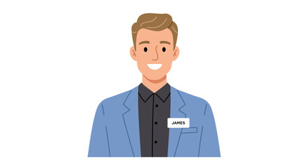 Smiling Man Wearing Blue Blazer and Name Tag.