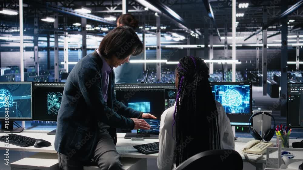 Poster multiethnic team in diverse data center coding with generative ai assistance. asian man oversees wor