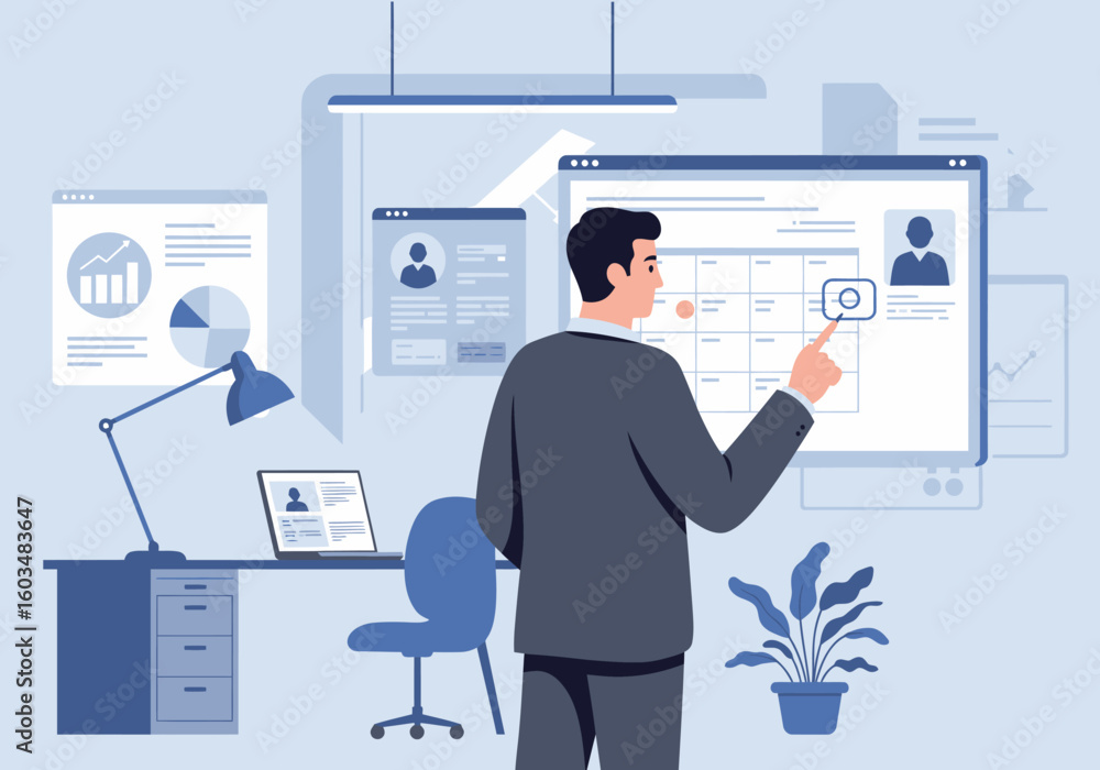 Poster office scene man points at calendar on a large screen surrounded by workrelated items
