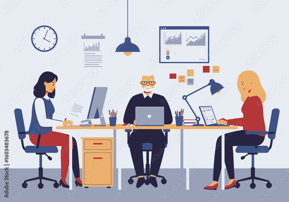 Poster office scene with three workers seated at a long desk with computers and desk items