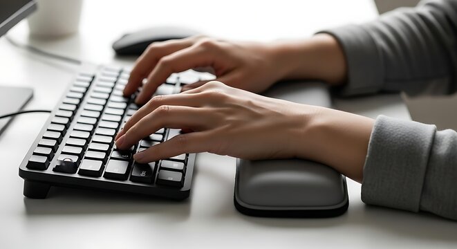 Close-up of a person's hands typing on a computer keyboard with an ergonomic wrist rest, focused on the action of digital communication and work.