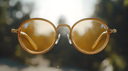Amber Round Sunglasses Against A Blurred Green Background