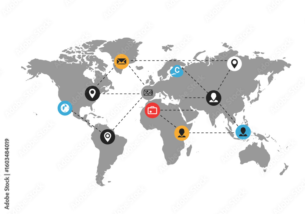 Poster world map with locations marked by various icons and connected by dotted lines