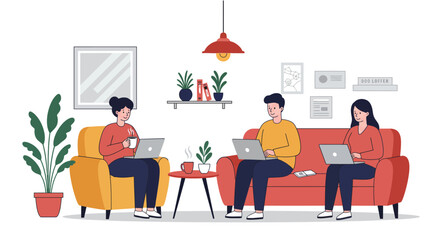 Three People Working on Laptops in a Living Room.